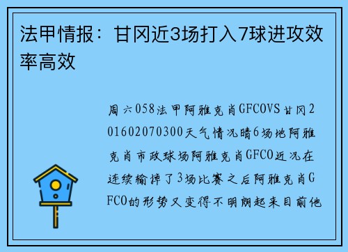 法甲情报：甘冈近3场打入7球进攻效率高效