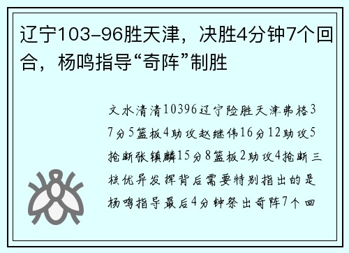 辽宁103-96胜天津，决胜4分钟7个回合，杨鸣指导“奇阵”制胜