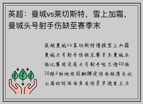 英超：曼城vs莱切斯特，雪上加霜，曼城头号射手伤缺至赛季末