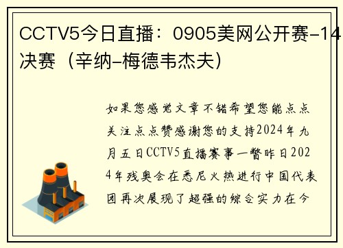 CCTV5今日直播：0905美网公开赛-14决赛（辛纳-梅德韦杰夫）