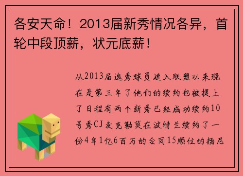 各安天命！2013届新秀情况各异，首轮中段顶薪，状元底薪！